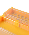 Close-up view of Top Bee Feeder For 10 Frame Hives With Dry And Wet Separation, showing clear plastic compartments and yellow body.
