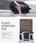 Hands placing Flight Ready Carry On Luggage 22x14x9 Inches Airline Approved Softside in size checker with airline sign visible.