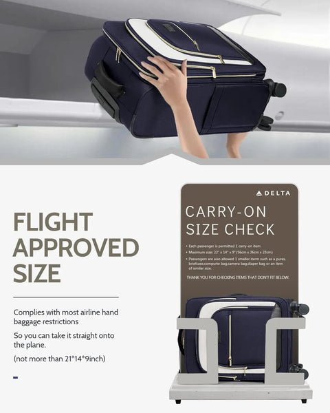 Hands placing Flight Ready Carry On Luggage 22x14x9 Inches Airline Approved Softside in size checker with airline sign visible.