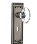 Mission Style Door Plate With Keyhole And Oval Clear Crystal Knobs Privacy Lockset Antique Pewter Finish, side view