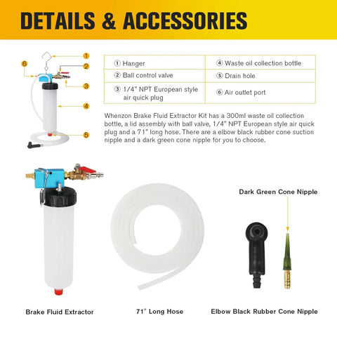 Vacuum Brake And Clutch Fluid Extractor Kit With 300Ml Capacity And 71 Inch Hose, Easy Bleeder Tool, shown with accessories.