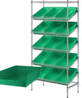 Shop Grade Heavy Duty 18 By 36 Inch Metal Wire Shelving Rack With 15 Slanted Plastic Bins For Garage Tool Organization And Workshop Gear Storage Rock Solid Commercial Stand Supporting 600 Pounds Green with angled bins.