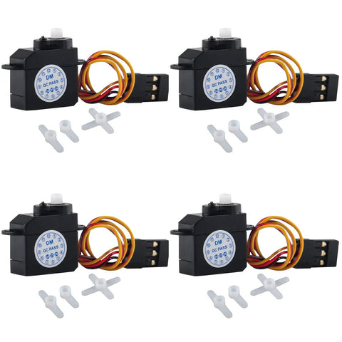Four 2g Micro Digital Servo For RC Helis with ultra lightweight coreless motors, shown with gears and mounting accessories.