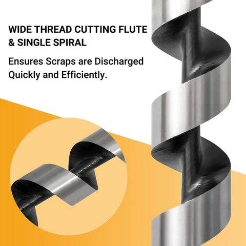 Close-up of spiral design on Half Inch By Twelve Inch Auger Drill Bit With Three Eighths Inch Hex Shank For Wood And Drywall Long Auger Bit
