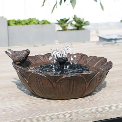 Sunflower Solar Bird Bath Fountain With Resting Bird Eco Friendly Solar Powered Outdoor Garden Water Feature With Three Nozzles Easy Setup For Bird Bath And Hummingbirds In The Yard Or Patio on wooden table