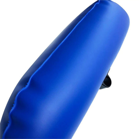 Close-up of blue inflatable kayak outrigger stabilizer for paddling boats and canoes side mount flotation buoy with easy install hardware