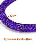 Close-up of Built Tough Rope Dog Leash 6 Ft With Padded Handle Reflective Threads Anti Tangle Clip For Walking Medium And Large Dogs 1/2 Inch Thick Purple For Everyday Use, showing strong 1/2-inch purple rope with reflective details.