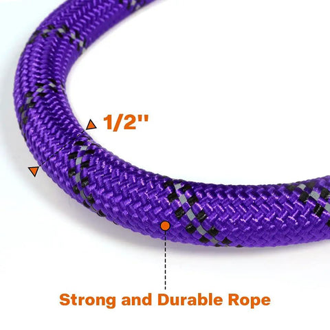 Close-up of Built Tough Rope Dog Leash 6 Ft With Padded Handle Reflective Threads Anti Tangle Clip For Walking Medium And Large Dogs 1/2 Inch Thick Purple For Everyday Use, showing strong 1/2-inch purple rope with reflective details.
