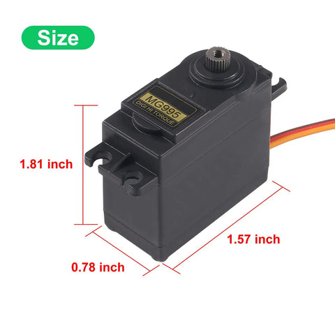 MG995 Metal Gear Servo Motor Pack Of 5, size dimensions, high torque, black casing with metal gear top view