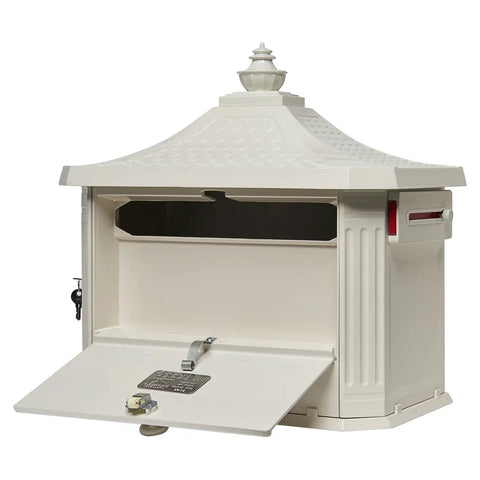 Hamilton Large Capacity Cast Aluminum Post Mount Mailbox with open side door showing locking compartment and weather-ready finish