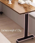Cool Electric Lift Over Bed Table With Wheels Lets You Work From Home Or Hospital Using Solid Wood Top And Steel Frame shown with strong black steel base.