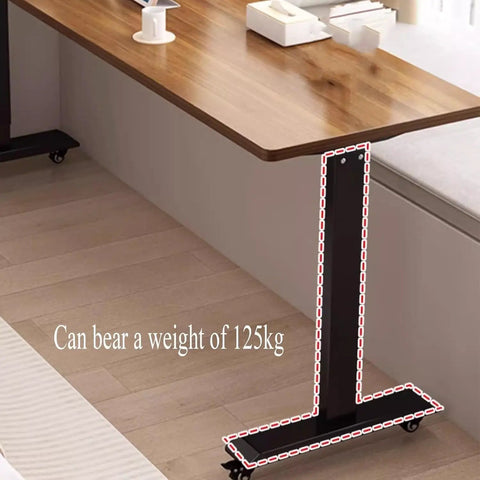 Cool Electric Lift Over Bed Table With Wheels Lets You Work From Home Or Hospital Using Solid Wood Top And Steel Frame shown with strong black steel base.
