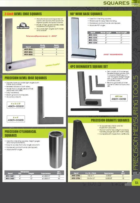 Catalog page showing different precision squares including bevel edge, wide base, diemaker’s, and granite; detailed specs listed.