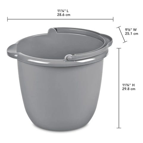 10 Qt Titanium Spout Pail Mop Bucket With Pour Spout And Comfort Grip Handle, light gray plastic showing dimensions.