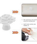 White Ceramic Rose Flower Cabinet Pull Handles With Screws, 8 Pack, shown on drawer installation guide