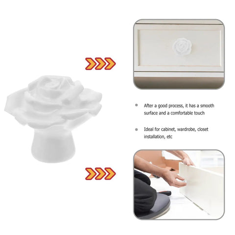 White Ceramic Rose Flower Cabinet Pull Handles With Screws, 8 Pack, shown on drawer installation guide