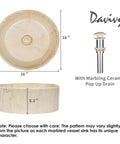 16 Inch Marbled Round Vessel Sink With Pop Up Drain For Bathroom Ceramic Above Counter Countertop Sink Large Dope Modern European Style With Sleek Shine And Rich Marble Look, showing dimensions