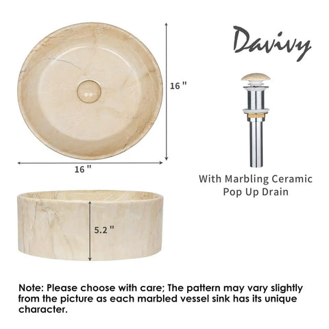 16 Inch Marbled Round Vessel Sink With Pop Up Drain For Bathroom Ceramic Above Counter Countertop Sink Large Dope Modern European Style With Sleek Shine And Rich Marble Look, showing dimensions