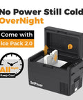 Kickass 34 Quart 12V Refrigerator Stays Bone Cold 24H Portable Car Fridge with open lid and ice pack inside.
