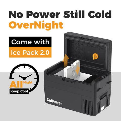 Kickass 34 Quart 12V Refrigerator Stays Bone Cold 24H Portable Car Fridge with open lid and ice pack inside.
