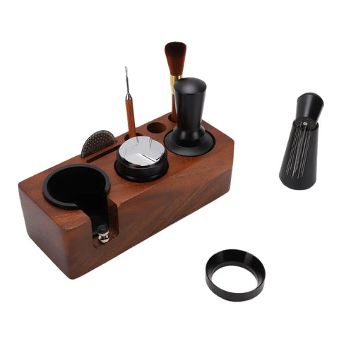 Real Deal 58mm Espresso Tamper Set With Solid Wood Station including tamper, distributor, brush, and cleaning tools.
