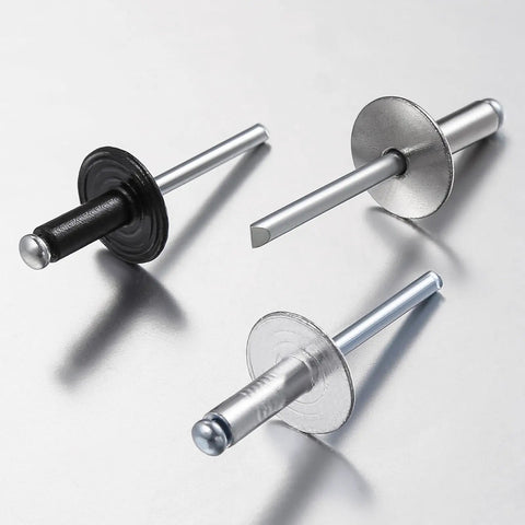 Dead Set Heavy Duty Black Aluminum Pop Rivets 3/16 X 1/2 Inch Large Cap Open End Design 150 Piece Pack, showcasing black and silver rivets.