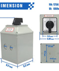 Beefy 125A Rotary Changeover Switch With Master Enclosure Box, dimensions and front view, 3 Pole 3 Phase, IP65