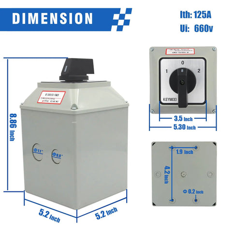 Beefy 125A Rotary Changeover Switch With Master Enclosure Box, dimensions and front view, 3 Pole 3 Phase, IP65
