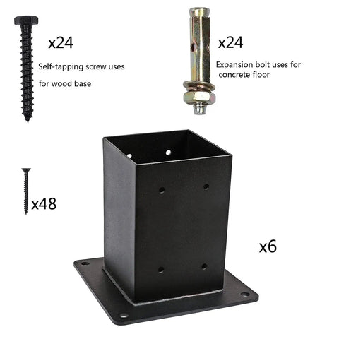 Beefy 6 Pack 4x4 Post Anchor Bases For Deck Railing And Pergola Heavy Duty Steel Post Sleeves with screws and bolts, 13 gauge steel.