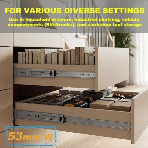 Rock Solid 22 Inch Full Extension Ball Bearing Drawer Slides With Smooth As Butter Glide And Heavy Duty Steel Build For Bulletproof Workshop Storage And No Sweat Installation in double drawers holding books and tools.