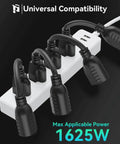Power strip with multiple black cables plugged in, 1625W capacity.