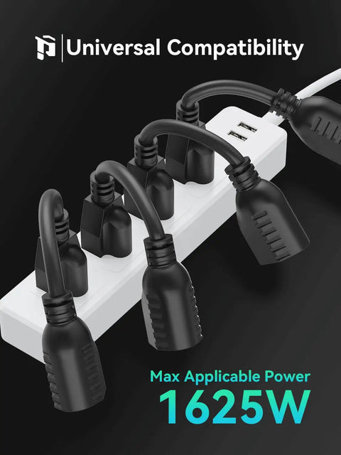 Power strip with multiple black cables plugged in, 1625W capacity.