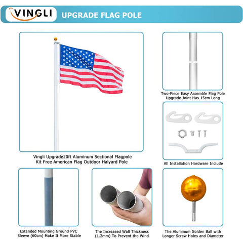 20 Ft Aluminum Flag Pole Kit Yard Ready Sectional For Outdoor Use With 1.2mm Thick Walls Built To Last Rust Proof And Weather Ready Up To 33 MPH Wind