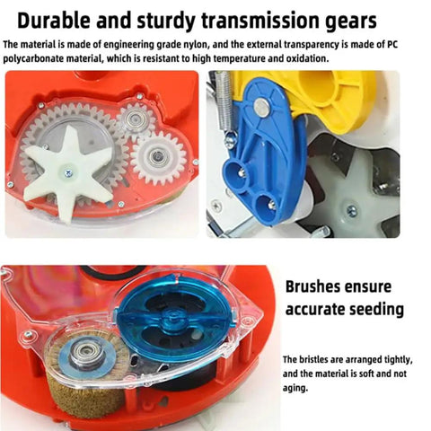 Close-up of reinforced polycarbonate gears and brushes for precise seeding in Walk Behind Garden Seeder With 16 Outlets For Easy No Fuss Planting.