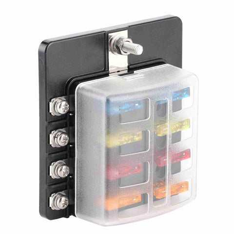 Front view of 8 Way Waterproof Fuse Block With LED Indicators For Car Boat And Marine Use Sealed Screw Nut Terminals Built Tough Weatherproof Electrical Distribution Box