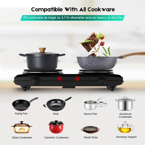 Double Cast Iron Two Burner Portable Electric Stove With 1800W Dual Burners, compatible with all cookware types shown.
