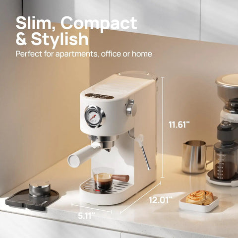 Next Level Drip 20 Bar Espresso Machine With Auto Milk Frother And Pro Steam Wand for Barista Style Home Brewing, compact design, 12.01" tall.