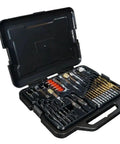 Pro Grade 53 Piece Woodworker Do It All Drill And Drive Bit Set With Titanium Coating in open black carrying case