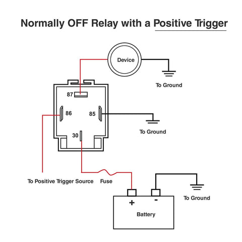 Diagram of Five Pack 30A Fused Relay Switch Kit For 12V Systems With 4 Pin SPST Relays detailing connections to device and battery.
