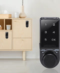 Heavy Duty Electronic Cabinet Deadbolt Lock Featuring Touch Password Keyless Entry on modern wooden cabinet.