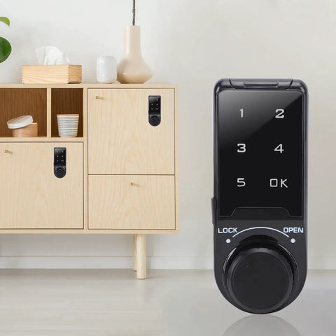 Heavy Duty Electronic Cabinet Deadbolt Lock Featuring Touch Password Keyless Entry on modern wooden cabinet.