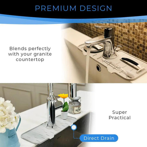 2 Pack Silicone Faucet Handle Drip Catcher Tray Mat For Kitchen And Bathroom Sinks Splash Guard shown on counter with faucet