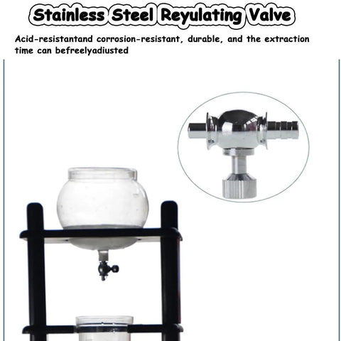 Top Shelf SlowDrip Cold Drip Coffee Maker Featuring A Spacious 32 Oz Cold Brew Tower, with stainless steel regulating valve detail.