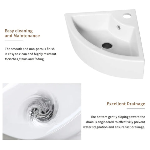 Triangle Corner Sink for Bathroom, Wall Mounted Ceramic Vessel Sink, White Gloss Finish Space-Saving Design for Small Bathrooms, Powder Rooms, Laundry with drain.