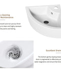 Triangle Corner Sink for Bathroom, Wall Mounted Ceramic Vessel Sink, White Gloss Finish showing drainage and maintenance features.