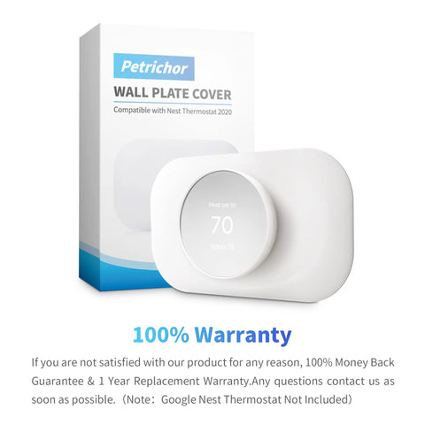 Snow Color Nest Thermostat Trim Kit For Google Nest Thermostat 2020 displayed with packaging and warranty information.