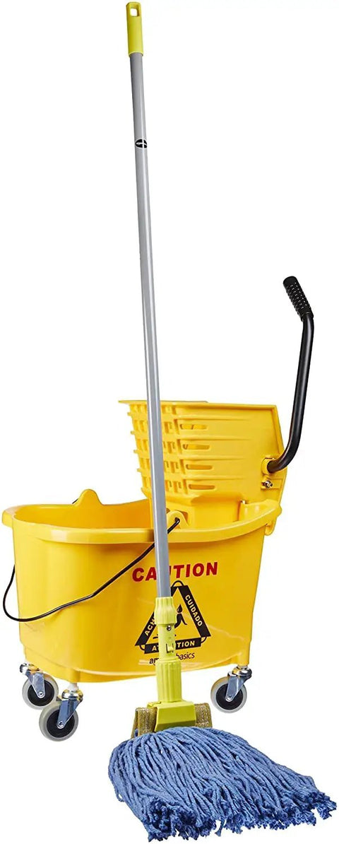 Commercial Side-Press Wringer Mop Bucket On Wheels 35-Quart Yellow Heavy-Duty Floor Cleaning System with mop and wringer.