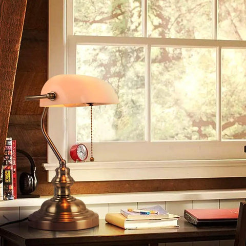 White Matte Glass Banker Desk Lamp In Retro Bronze Finish With Rotatable Lampshade on study desk near window