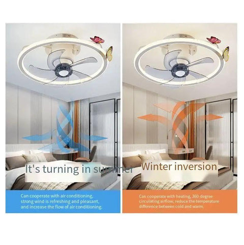 POJGVU Smart Ceiling Fans Wih Lights, showing dual operation for summer and winter modes with 360-degree oscillating head.