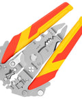 No Sweat Folding Wire Stripper Crimper 14 In 1 Multifunctional Pliers with tough insulated handles and stainless steel blades.